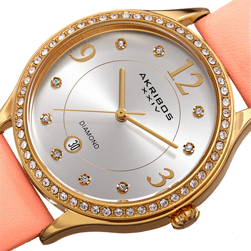 Akribos XXIV Gold Ion Plated Alloy Case on Pink Genuine Leather Strap, Silver Dial with Gold Hands