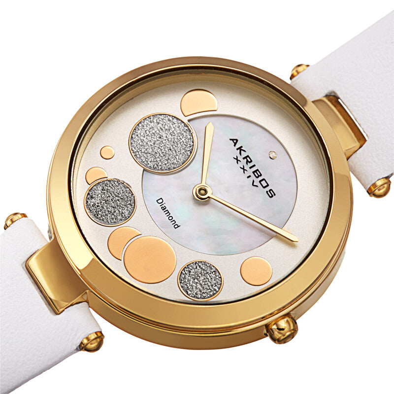 Akribos XXIV Ion Plated Gold Tone Case with Diamond on Circular Pattern MOP Dial, on a White Leather Strap