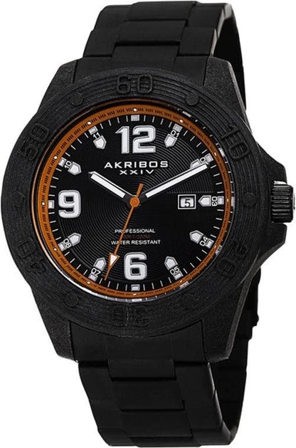 Akribos XXIV Black Ion Plated Carbon Fiber Case on Black Bracelet, Black and Orange Dial with Silver Tone Hands