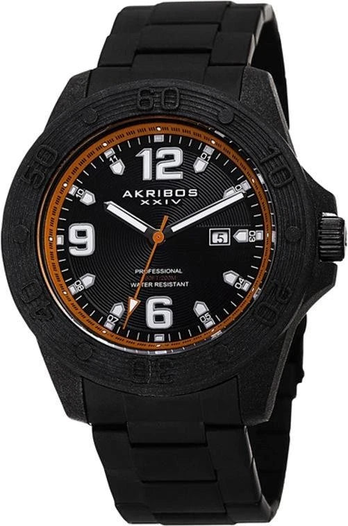 Akribos XXIV Black Ion Plated Carbon Fiber Case on Black Bracelet, Black and Orange Dial with Silver Tone Hands