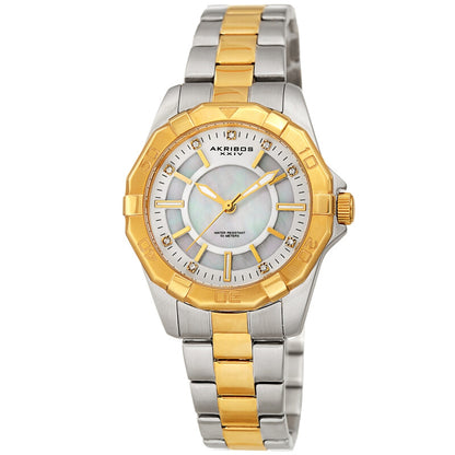 Akribos XXIV Two Tone Case on Two Tone Bracelet, White Mother Of Pearl Dial with Gold Tone Hands
