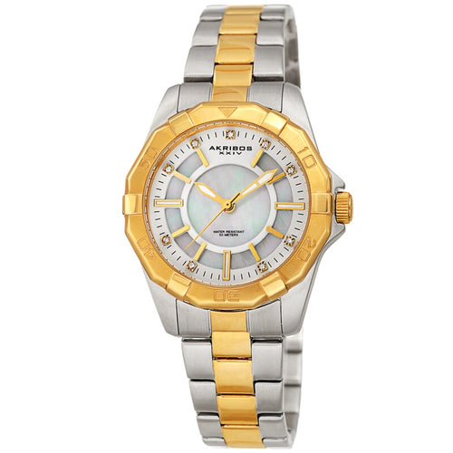 Akribos XXIV Two Tone Case on Two Tone Bracelet, White Mother Of Pearl Dial with Gold Tone Hands