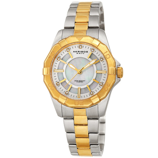 Akribos XXIV Two Tone Case on Two Tone Bracelet, White Mother Of Pearl Dial with Gold Tone Hands