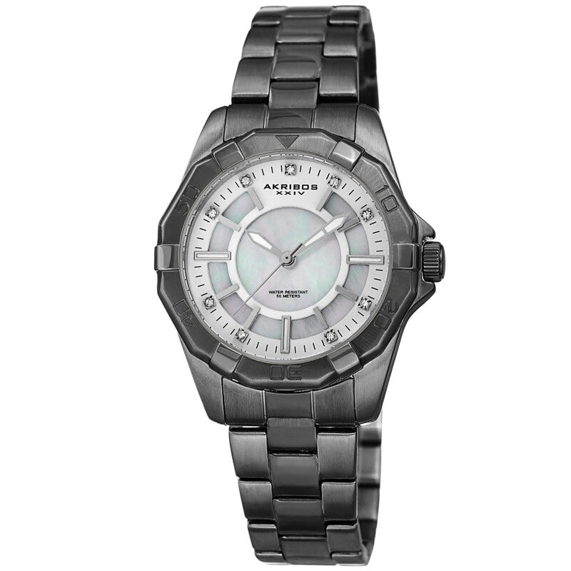 Akribos XXIV Silver and Gun Ion Plated Stainless Steel Case on Gun/Silver Bracelet, White Mother Of Pearl Dial with Silver Hands