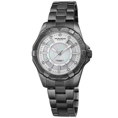 Akribos XXIV Silver and Gun Ion Plated Stainless Steel Case on Gun/Silver Bracelet, White Mother Of Pearl Dial with Silver Hands