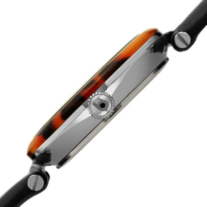 Akribos XXIV Silver Tone Case with Tortoise Shell Bezel, Black Dial and Leather Strap, with Swarovski Crystal Markers