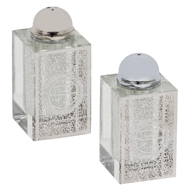 Two decorative salt and pepper shakers with textured crystal bodies and chrome lids on a white background - AFH Bargains