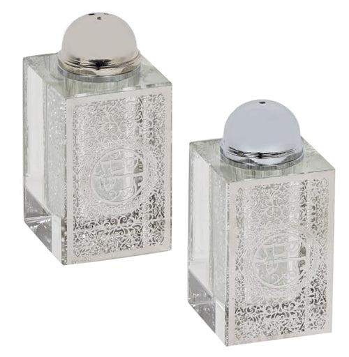 Two decorative salt and pepper shakers with textured crystal bodies and chrome lids on a white background - AFH Bargains