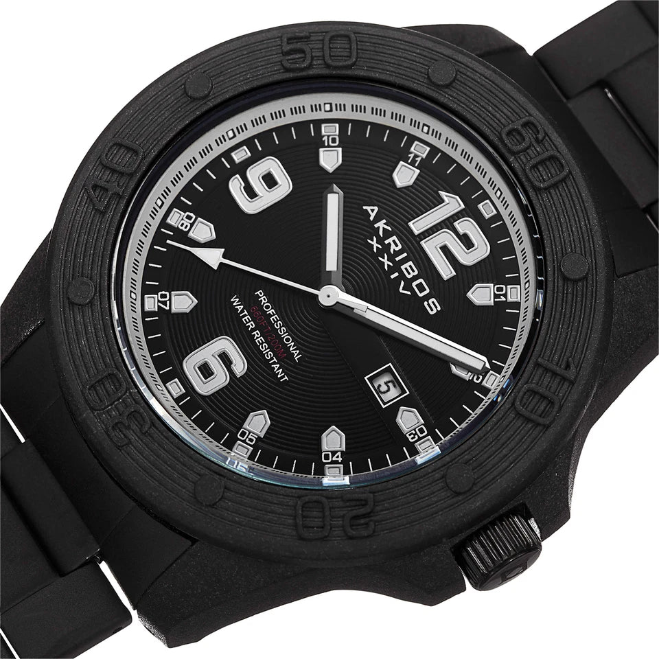 Akribos XXIV Black Ion Plated Carbon Fiber Case on Black Bracelet, Black and Silver Dial with Silver Tone Hands