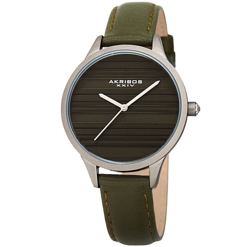 Akribos XXIV Silver Ion Plated Alloy Case on Green Genuine Leather Strap, Green Dial with Silver Tone Hands